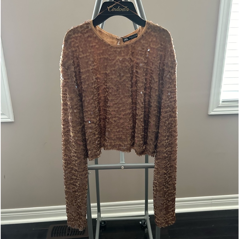 Zara women NWT cropped light brown sequin top Ref: 7901/435 Size: Large